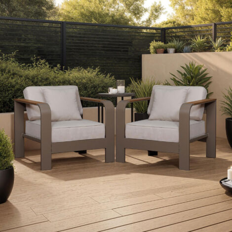 Lot de 2 fauteuils de jardin en aluminium taupe, beige et bois