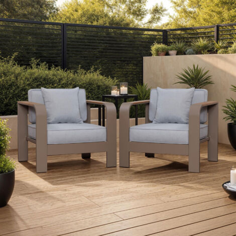 Lot de 2 fauteuils de jardin en aluminium taupe, gris clair et bois