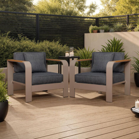 Lot de 2 fauteuils de jardin en aluminium taupe, gris foncé et bois