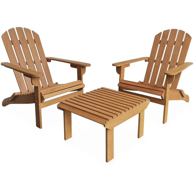 Lot de 2 fauteuils de jardin en bois avec un repose-pieds/table basse - Adirondack Salamanca - Eucalyptus . chaises de terrasse retro - Bois