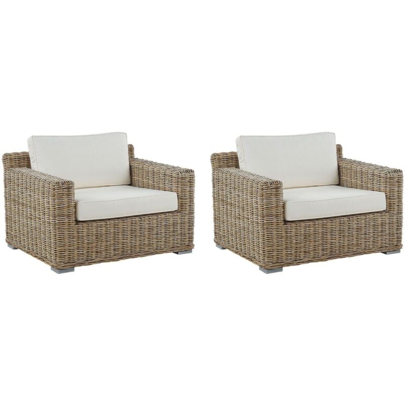 Beliani - Lot de 2 Fauteuils de Jardin en Rotin Marron avec Coussins Blanc Cassé pour Extérieur au Style Boho et Oriental