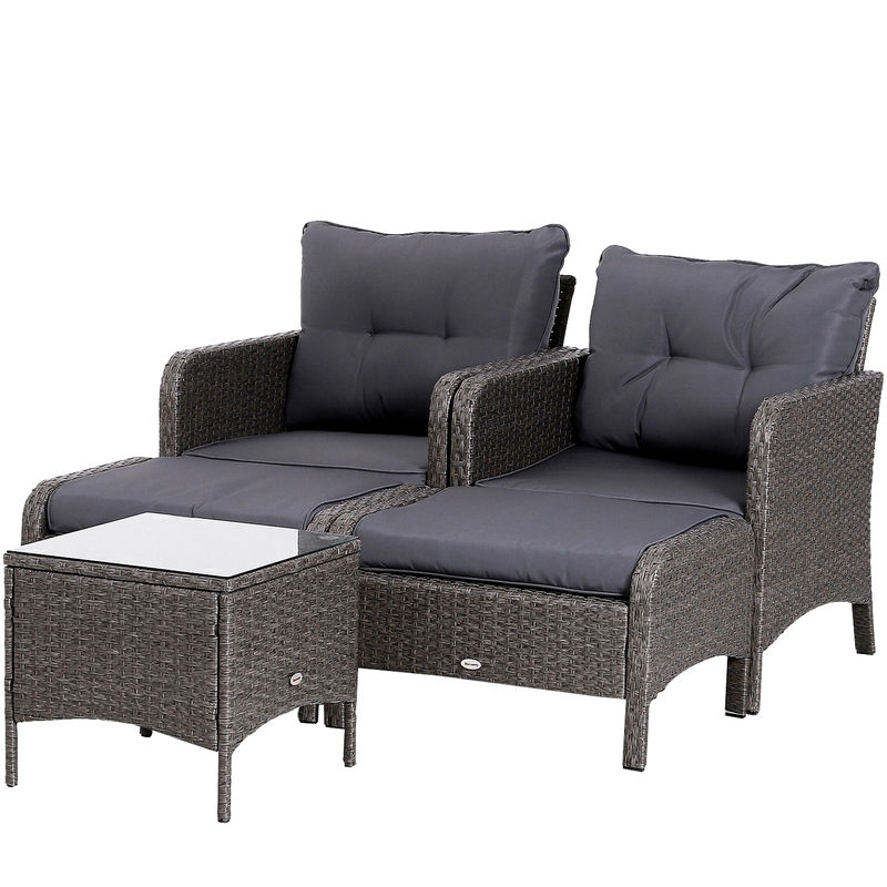 Outsunny - Lot de 2 fauteuils de jardin grand confort repose-pied table basse résine tressée imitation rotin coussins gris