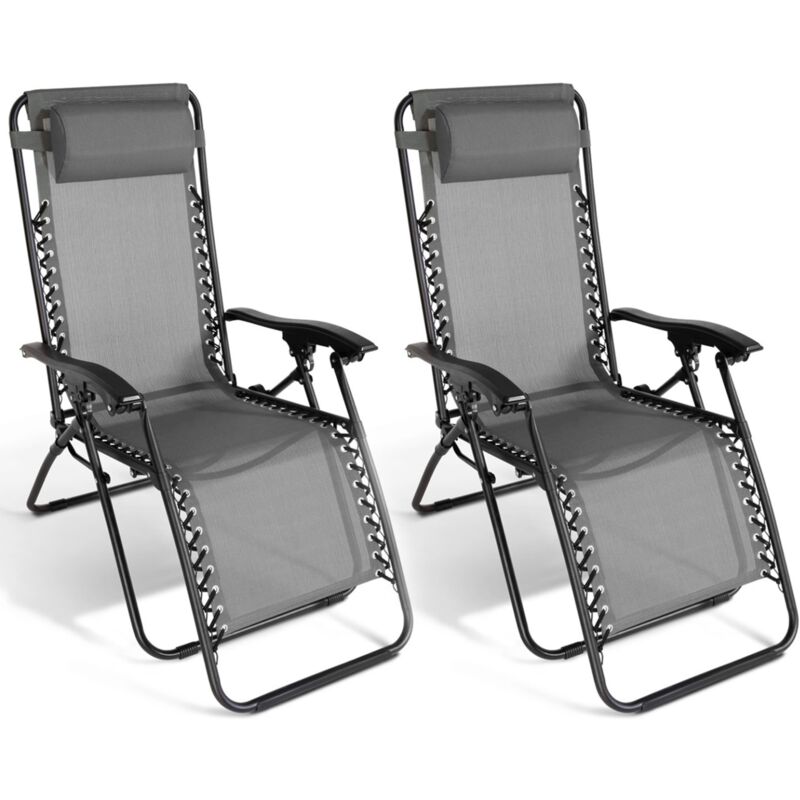 Idmarket – Lot de 2 fauteuils de jardin inclinables – Tissu textilène gris anthracite – Réglage 3 positions – Fonction zéro gravité pour détente