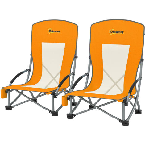 Lot de 2 fauteuils de plage pliables, chaises de camping légères avec sac de transport et porte-verre, 70 x 58 x 79 cm, orange