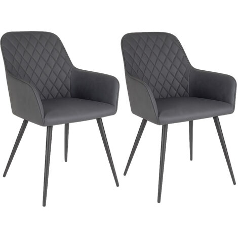 Lot de 2 fauteuils de salle à manger KARU – Simili cuir et pieds métal noir-Gris foncé