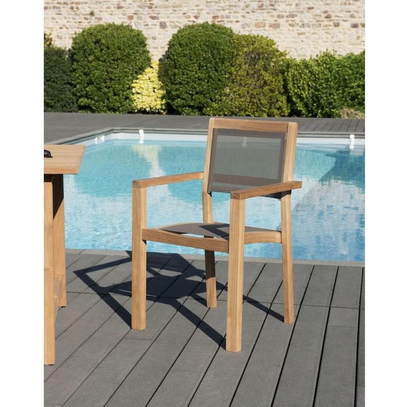 Harris - Ensemble de 2 fauteuils jardin empilables en bois teck et textilène couleur taupe - Marron