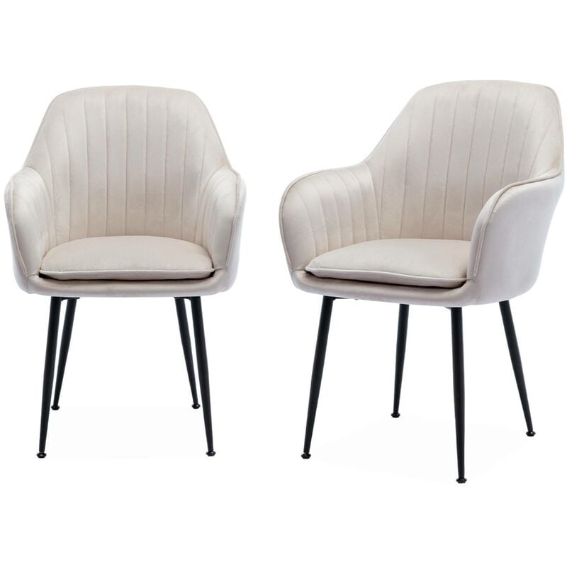 Lot de 2 fauteuils en velours blanc cassé et pieds en métal noir. Shella l 57 x p 59 x h 84.5