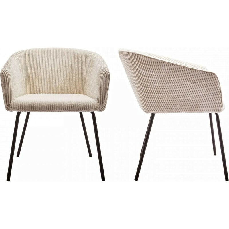 Homifab - Lot de 2 fauteuils de table en velours côtelé beige, piètement noir - Swann