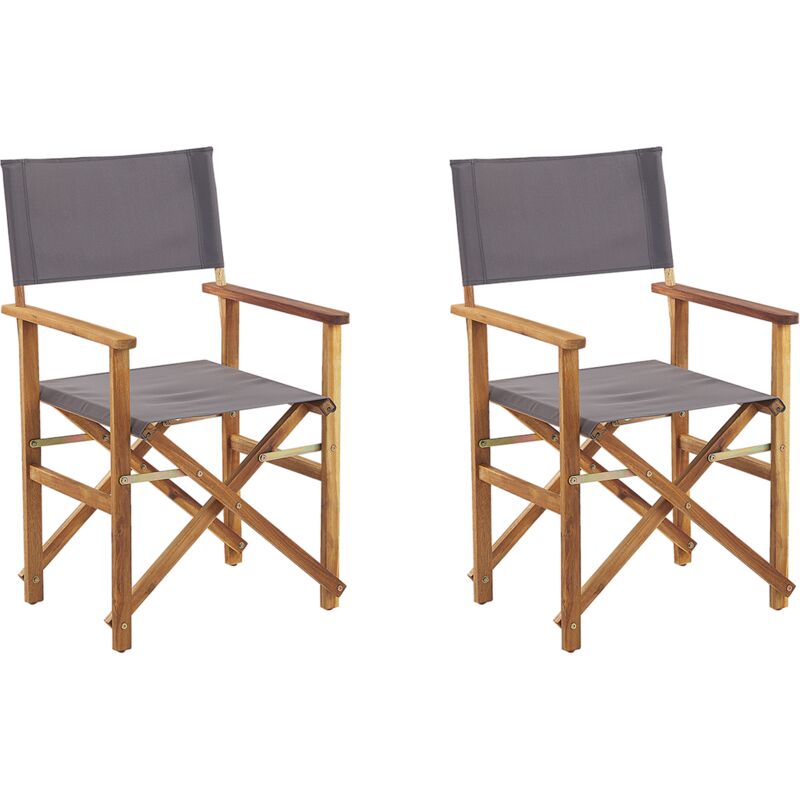 2 chaises fauteuils metteur en scène pliantes en bois acacia clair avec accoudoirs et assise gris idéales pour jardin boho et rétro beliani gris