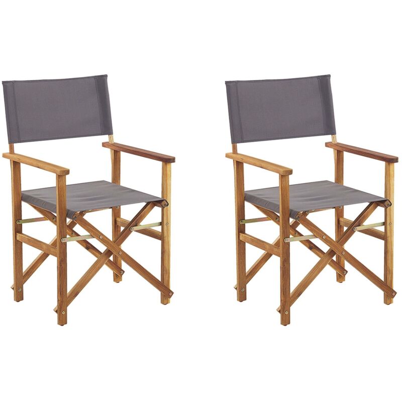 2 Chaises Fauteuils Metteur en Scène Pliantes en Bois Acacia Clair avec Accoudoirs et Assise Gris Idéales pour Jardin Boho et Rétro Beliani