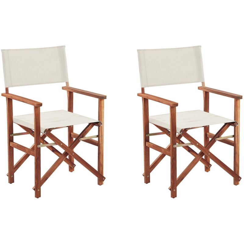 2 Chaises Fauteuils Metteur en Scène Pliantes en Bois Acacia Naturel avec Accoudoirs et Assise Blanc Cassé pour Jardin Extérieur Boho