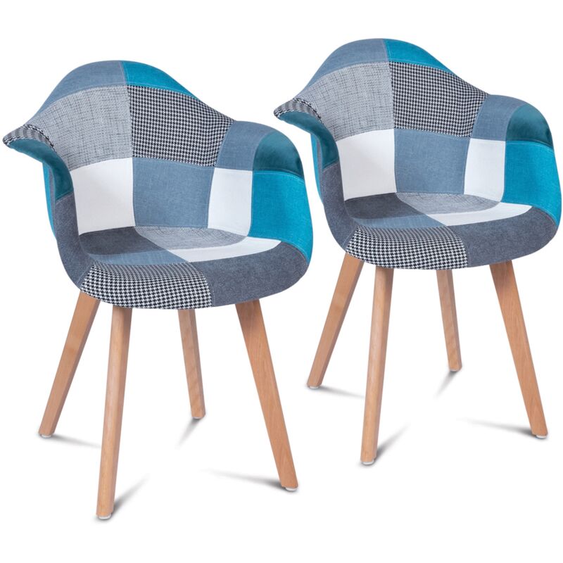 Lot de 2 chaises de salle à manger scandinaves, fauteuils de table sara motifs patchworks bleus