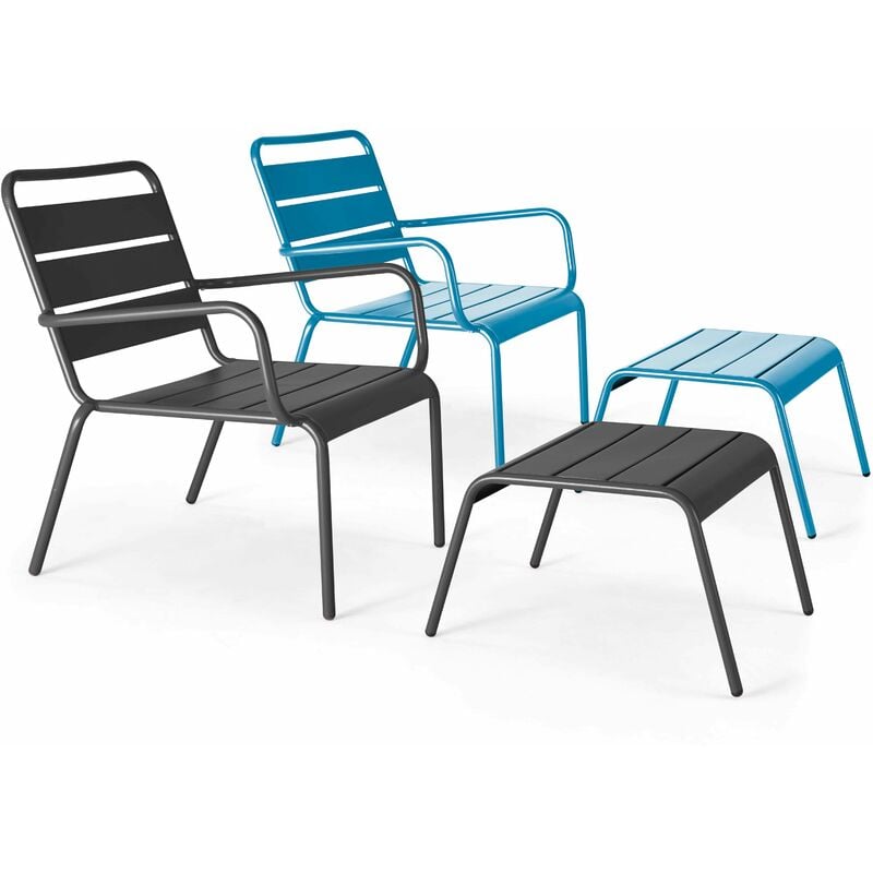 Oviala - Lot 2 fauteuils relax avec repose-pieds métal gris et bleu pacific - Palavas