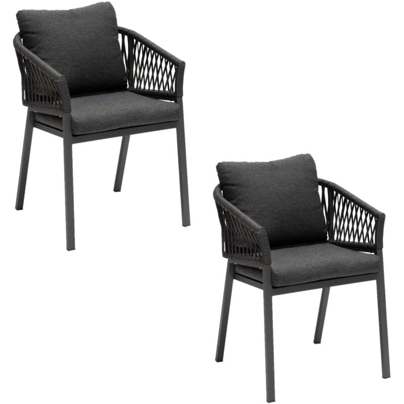 Lot de 2 fauteuils repas Oriengo aluminium et mailles tressées - Dimensions : Longueur 56 cm x Largeur 62 cm x Hauteur 75,5 cm. - Gris foncé