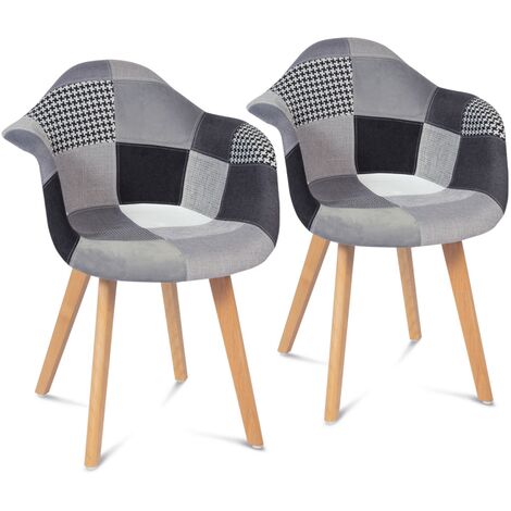 Lot de 2 fauteuils scandinaves SARA motifs patchworks noirs, gris et blancs - Gris