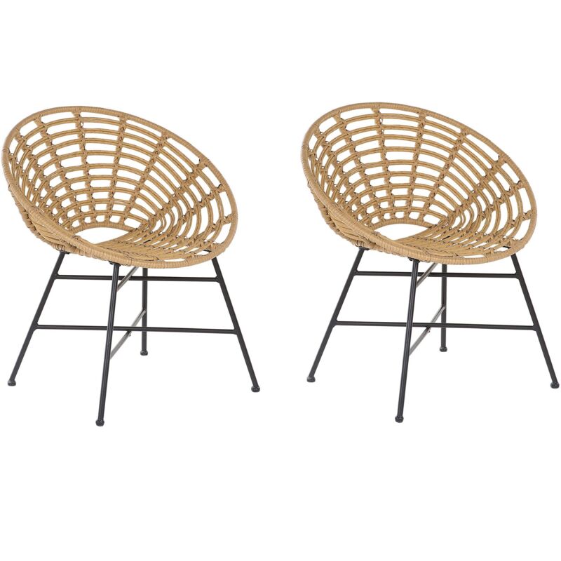 Beliani - Lot de 2 Chaises Extérieur en Rotin Marron Clair avec Pieds en Métal Noir Style Bohème Tendance pour Terrasse Salon ou Salle à Manger