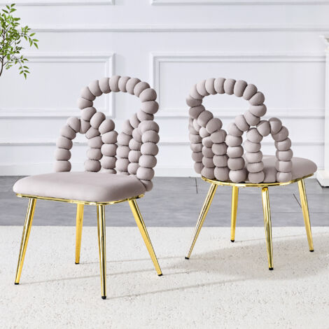 Lot de 2 fauteuils velours gris clair,dossier chaînette,pieds métal plaqué or,pour salle à manger,salon et espaces de vie.
