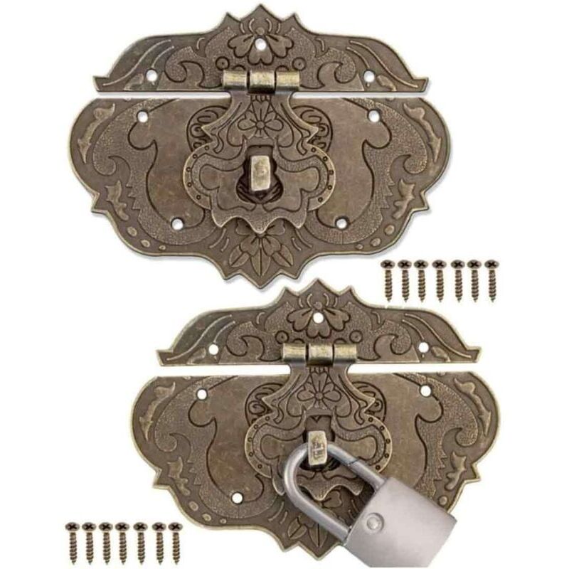 Lot de 2 fermetures antiques, design bronze fer, fermoirs de meubles, ferrures pour cadenas de rideaux, coffres et caisses, curseurs, 95 x 73 mm avec