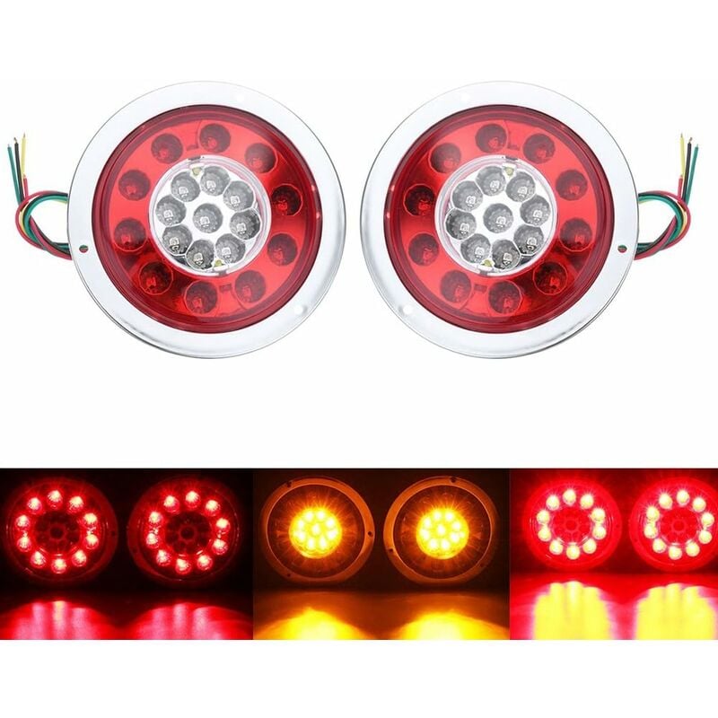 Aougo - Lot de 2 feux arrière ronds à 19 led - Ambre rouge - Pour camion, remorque, camion - Clignotant - 10-30 v - Argenté