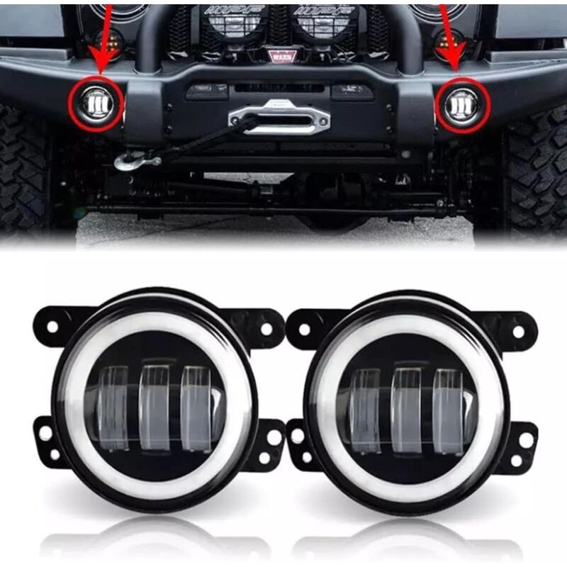 Lot de 2 feux de brouillard ronds noirs de 10,2 cm 30 w avec anneau halo drl pour Wrangler