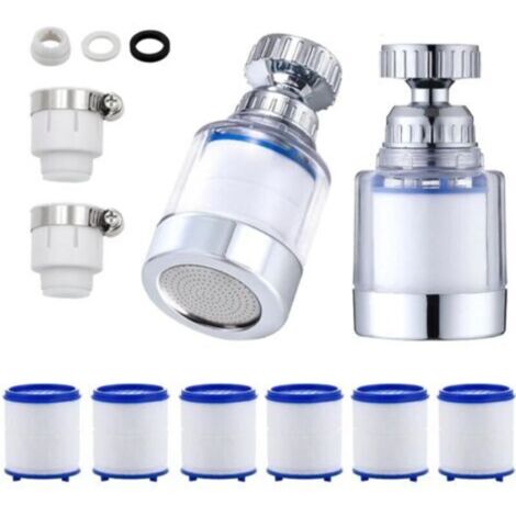 Lot de 2 filtres transparents pour robinet à 360° + 6 éléments filtrants en coton PP avec élément filtrant interchangeable pour cuisine, évier, salle de bain