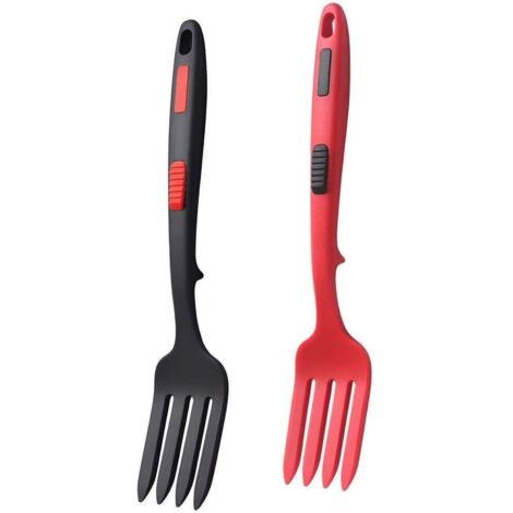 Lot de 2 fourchettes de cuisine flexibles en silicone résistant à la chaleur, compatibles lave-vaisselle, rouge et noir.
