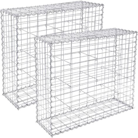 Lot de 2 Gabion pour Pierre, 100 x 80 x 30cm, cloture gabion, Cage en Métal, Panier à Pierre, Maille 5 x 10 cm, Galvanisé, Mur, Paterre, Décoration de Jardin, Argent GGB283 (2 x GGB183)