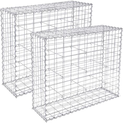 Lot de 2 Gabion pour Pierre, 100 x 80 x 30cm, cloture gabion, Cage en Métal, Panier à Pierre, Maille 5 x 10 cm, Galvanisé, Mur, Paterre, Décoration de Jardin, Argent GGB283 (2 x GGB183) - Gris argenté