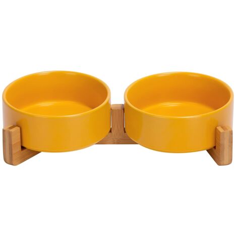 Lot de 2 gamelles orthopédiques doubles chat avec socle en bois antidérapant, en céramique, 13 cm, jaune