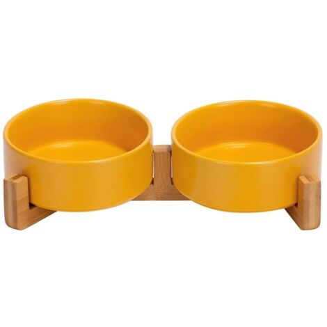 Lot de 2 gamelles orthopédiques doubles chat avec socle en bois antidérapant, en céramique, 13 cm, jaune