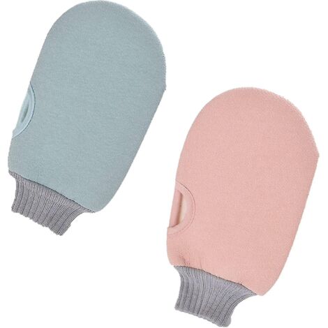 Lot de 2 gants exfoliants roses et bleus. Double face, à porter.