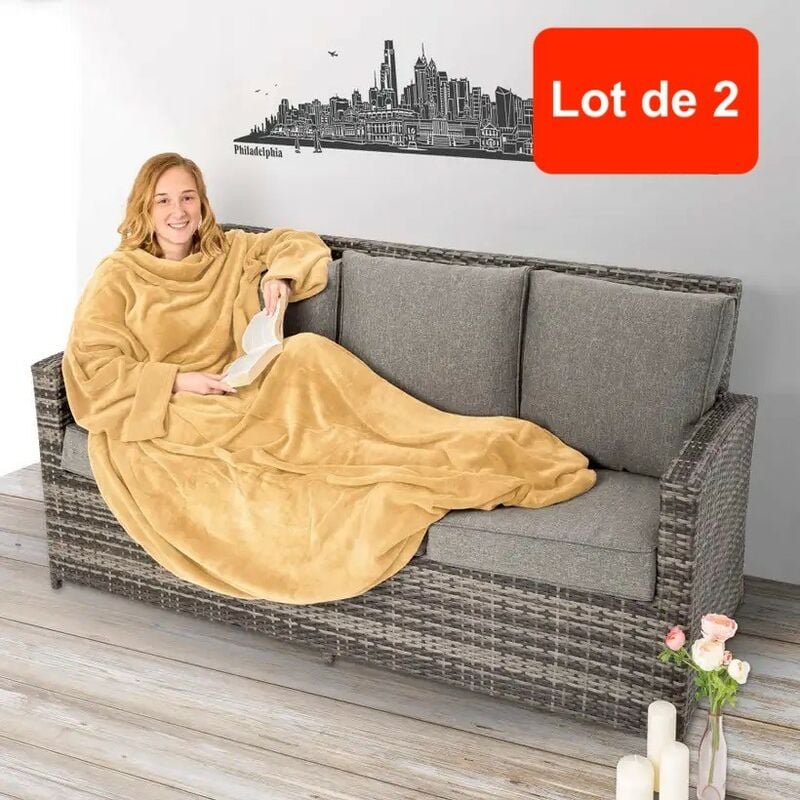 Lot de 2 Grands Plaids Polaires 200 cm à Enfiler Avec Manches : Beige 200 x 170 cm