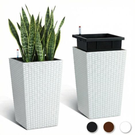 Lot de 2 Grands Pots de Fleurs en rotin – Réservoir d'eau intégré, indicateur de Niveau, soucoupes – Blanc