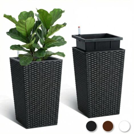 Lot de 2 Grands Pots de Fleurs en rotin – Réservoir d'eau intégré, indicateur de Niveau, soucoupes – Noir