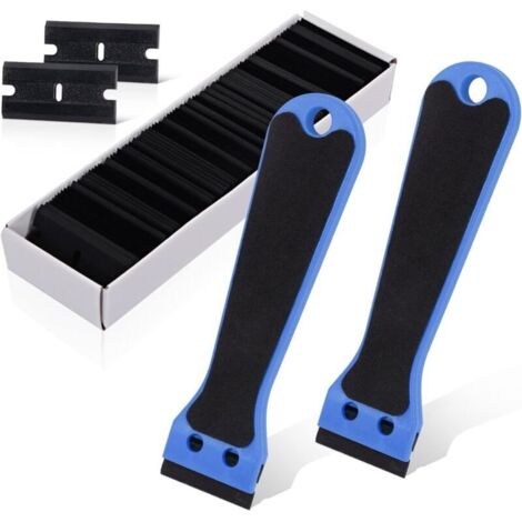 Lot de 2 grattoirs en plastique bleu avec 100 spatules, grattoirs à long manche, pour retirer les étiquettes, la colle, la peinture, les autocollants et les décalcomanies.