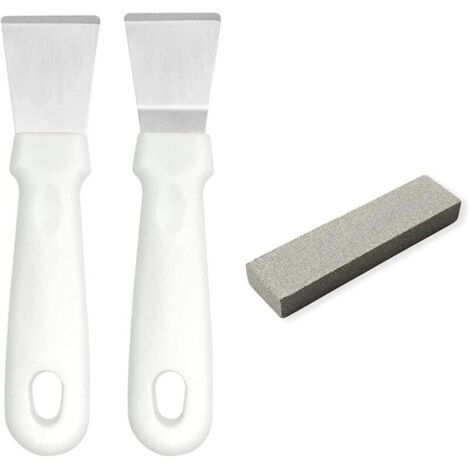 Lot de 2 grattoirs pour four, plaque de cuisson, plaque à induction, acier inoxydable avec manche en plastique, version droite + version courbée, blanc (version droite + version courbée)