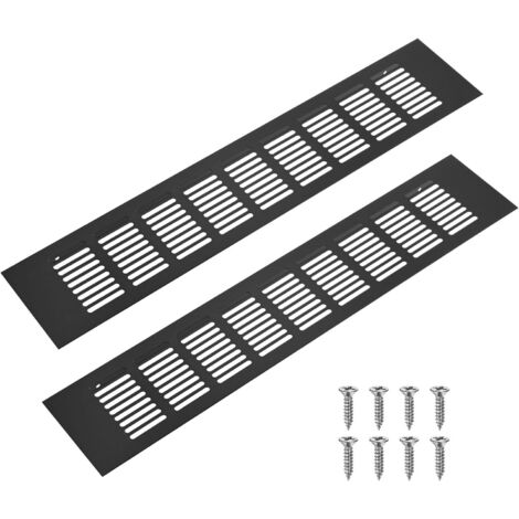 Lot de 2 grilles d'aération intérieures en alliage d'aluminium, 400 x 80 mm, pour armoires, penderies et meubles à chaussures, grilles rectangulaires avec 8 vis [Noir]