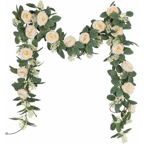Lot de 2 Guirlande de Rose Thé Artificielles avec Feuille de Lierre Simulation Rose Fleurs Artificielles à Suspendre pour la Maison, Le Jardin(Champagne)
