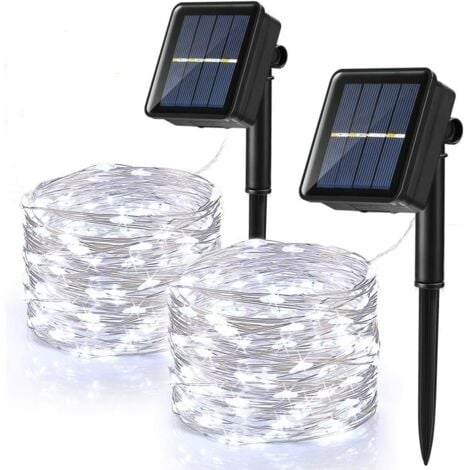 OSQI [Lot de 2] Guirlande Lumineuse Exterieur Solaire, 120 LED Guirlande Guinguette Solaire Étanche 12M 8 Modes Fil de Cuivre Guirlande pour Jardin Terrasse Mariage Noël Fête, Blanc Froid