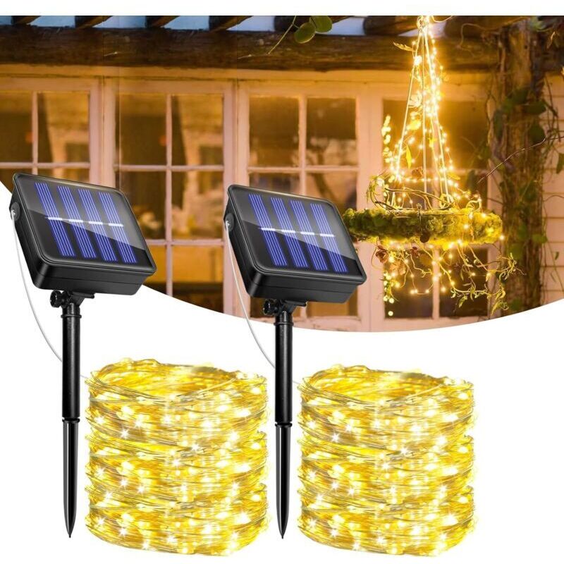 Lot de 2 Guirlande Lumineuse Exterieure Solaire, 12M 100LED Solaire Guirlande Étanche, 8 Modes, Étanche, Intérieure Extérieure Décoration pour Sapin