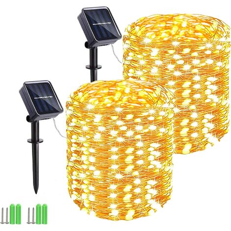 Lot de 2 Guirlande Lumineuse Exterieure Solaire - 2 x 15m 150 LED Guirlande Solaire en Fil Cuivre avec 8 Modes, pour la Décoration Exterieur, Jardin, Arbres (Blanc Chaud)