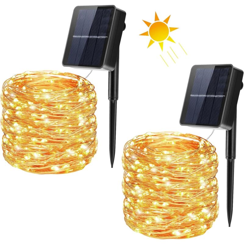 Lot de 2 Guirlande lumineuse solaire Extérieur 22 m 200 LED Guirlande lumineuse solaire 8 modes Étanche Câble en cuivre Guirlande lumineuse décorative
