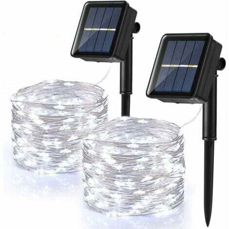 [Lot de 2] Guirlande Lumineuse Solaire Extérieure, 100 LED Guirlande Lumineuse Solaire Étanche 10M 8 Modes Guirlande Lumineuse en Fil de Cuivre pour Jardin Patio Mariage Fête de Noël, Blanc Froid
