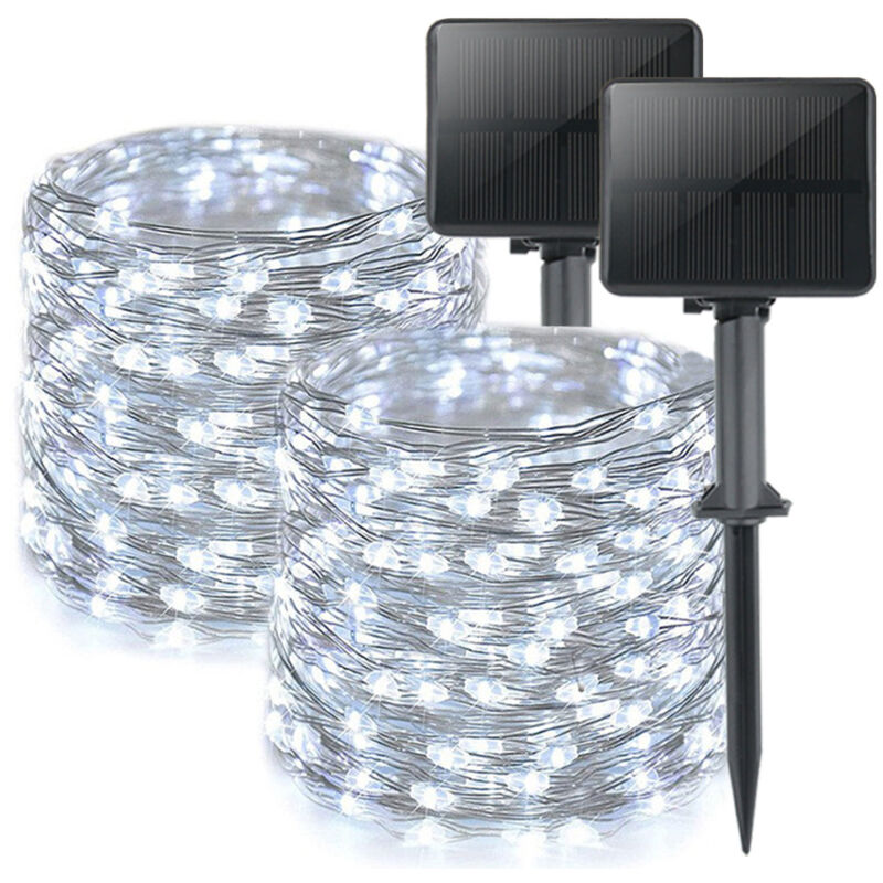 Lot de 2 Guirlande Solaire Exterieur, Totale 16m 160LED Lumineuse Étanche, 8 Modes Décoration pour Jardin Terrasse Cour Noël Mariage Fête, Blanc