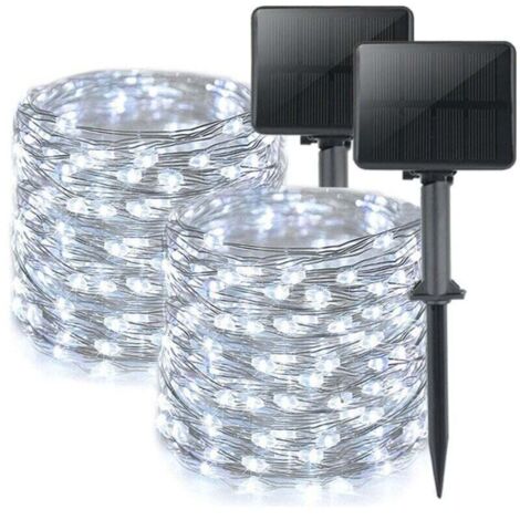 Lot de 2 Guirlande Solaire Exterieur, Totale 16m 160LED Lumineuse Étanche, 8 Modes Décoration pour Jardin Terrasse Cour Noël Mariage Fête, Blanc brillant
