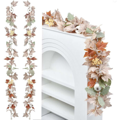 Lot de 2 guirlandes de Feuilles d'érable artificielles, Couronne de Feuilles d'érable d'automne de 180 cm,décoration d'automne,Décoration d'intérieur pour Halloween, Thanksgiving, Mariage