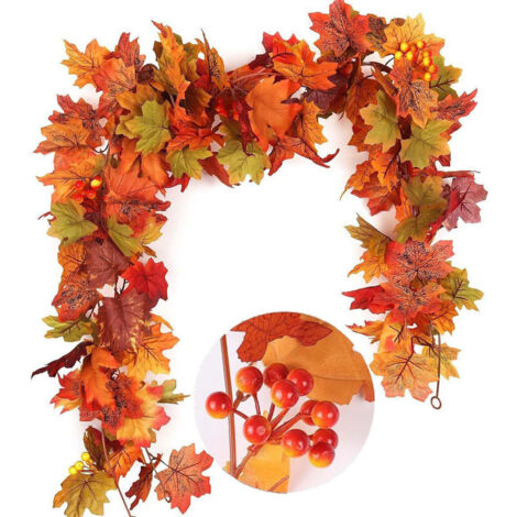 Lot de 2 guirlandes de Feuilles d'érable artificielles, Couronne de Feuilles d'érable d'automne de 180 cm,décoration d'automne,Décoration d'intérieur pour Halloween, Thanksgiving, Mariage