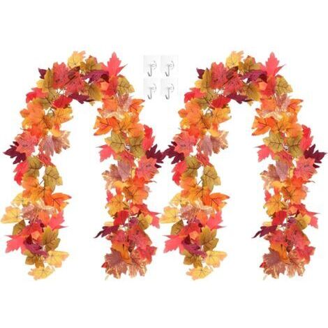Lot de 2 guirlandes de Feuilles d'érable artificielles, Couronne de Feuilles d'érable d'automne de 180 cm,décoration d'automne,Décoration d'intérieur pour Halloween, Thanksgiving, Mariage