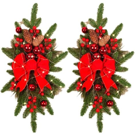 Lot de 2 guirlandes de Noël artificielles en forme de goutte d'eau de 61 cm - Sans fil - Décoration d'escalier - Guirlande de Noël pour extérieur, maison, jardin (rouge, 30 x 60 cm)