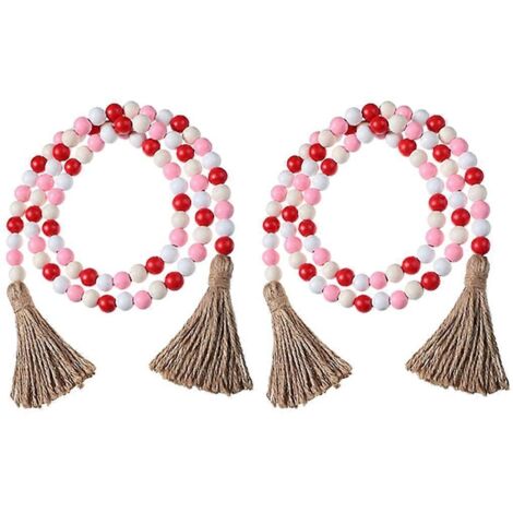Lot de 2 guirlandes de perles en bois rustiques faites main avec pompons, idéales pour une fête de remise de diplômes ou une décoration intérieure à faire soi-même.